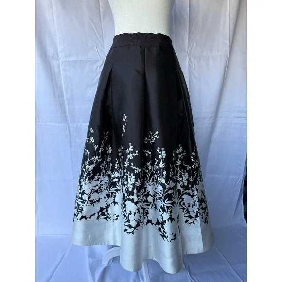 White House Black Market Midi Skirt Black White Size 14 Floral A-Line Romantic - Picture 2 of 12
